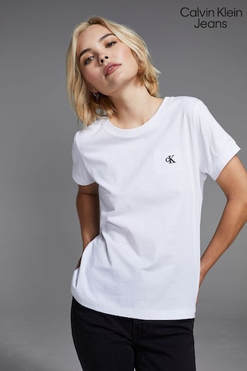 Calvin Schwarz Klein Jeans White Slim Fit Embroidered T-Shirt (U18746) | £30
