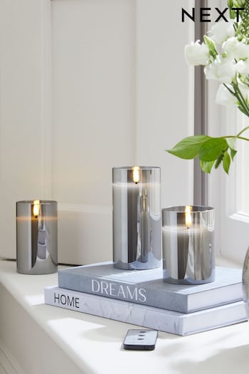 Set of 3 Charcoal Grey Midnight Luxe Glass LED Candles (U18772) | £24