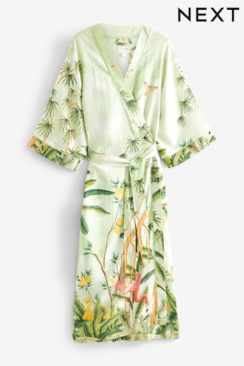 Sage Green Flamingo Print Linen Blend Robe (U19270) | £38