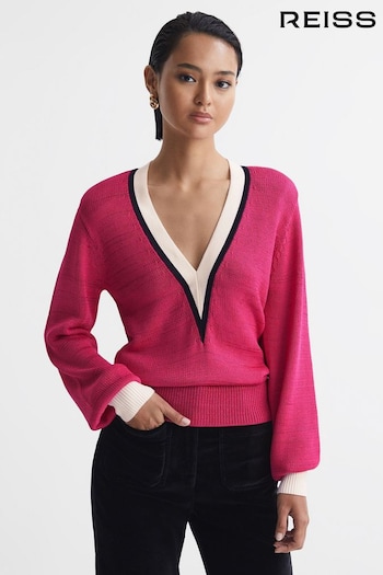 Reiss Pink/Ivory Talitha Contrast Trim Knitted Jumper (U19567) | £138