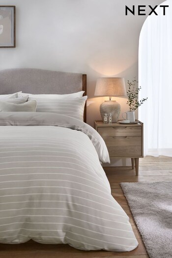 Natural Greige Brushed Textured Stripe Duvet Cover and Pillowcase Set (U19619) | £25 - £55