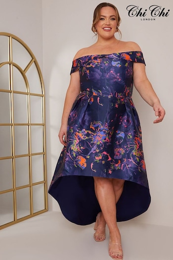 Chi Chi London Blue Curve Bardot Floral Dip Hem Dress (U1Z232) | £88