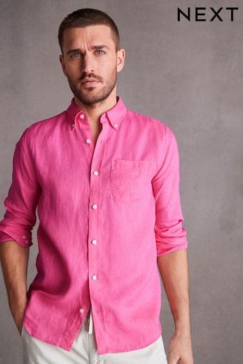 Pink Standard Collar Signature 100% Linen Long Sleeve Shirt (U22822) | £38