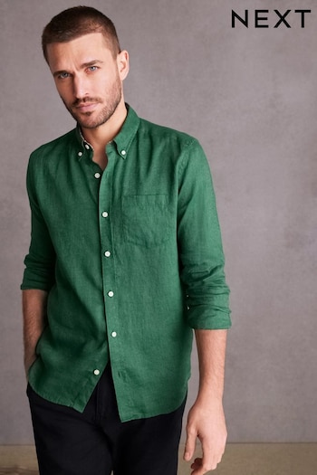 Green Standard Collar Signature 100% Linen Long Sleeve Shirt (U22829) | £38