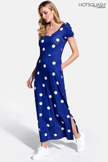 HotSquash Womens Navy Blue Polka Dot Scoop Neck Maxi T-Shirt Dress with Split (U24747) | £57