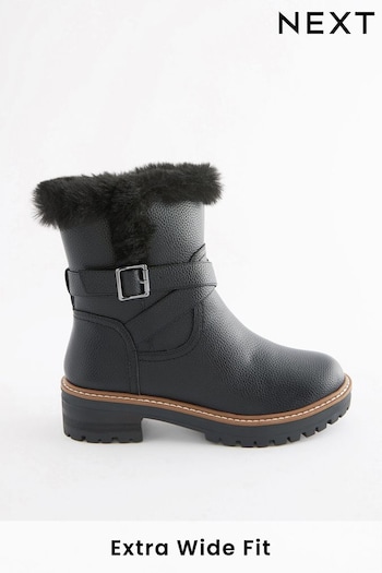 Black Extra Wide Fit Forever Comfort® Faux Fur Lined Buckle Detail Boots (U24880) | £59