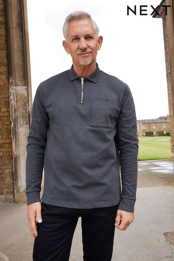 Grey Textured Long Sleeve pouches Polo Shirt (U25616) | £32
