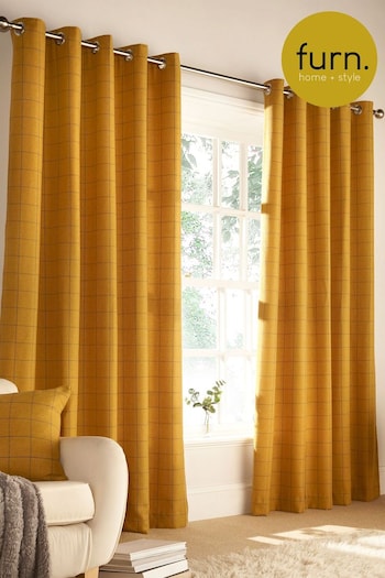 furn. Ochre Yellow Ellis Windowpane Check Eyelet Curtains Eyelet Curtains (U27268) | £110