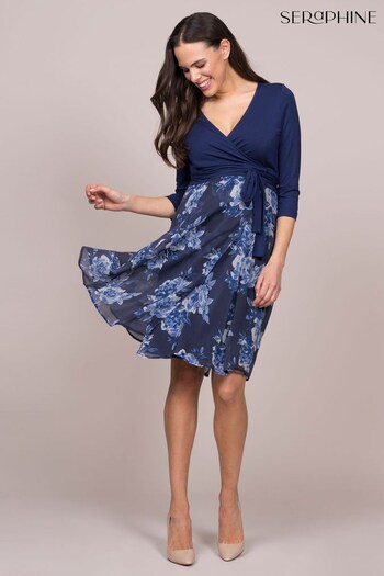 Seraphine Womens Blue Navy Blue Floral Wrap Maternity & Nursing Dress (U28055) | £65