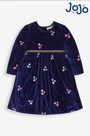 JoJo Maman Bébé Navy Star Embroidered Velour Party Dress (U29488) | £32