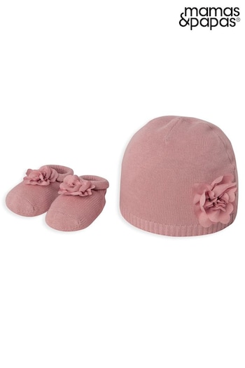 Mamas & Papas Blau Pink Flower Knit neutri Hat and Booties (U29922) | £14