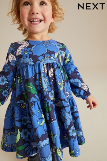 Bright Blue Floral Long Sleeve Jersey Dress (3mths-7yrs) (U30262) | £8 - £10