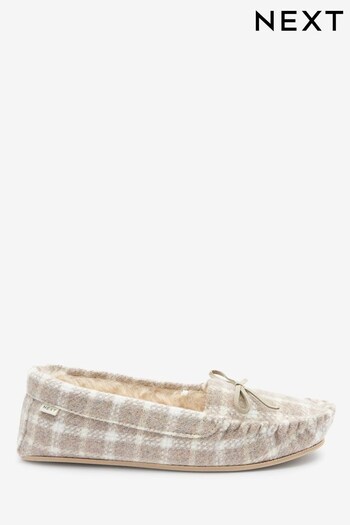 Neutral/Cream Check Faux Fur Lined Moccasin Slippers (U30671) | £20