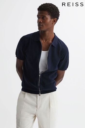 Reiss Navy Walton Slim Fit Textured Zip Through T-Shirt (U31236) | £110