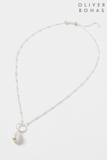 Oliver Bonas White Lucia Loop & Round Pearl Drop Sterling Silver Necklace (U32453) | £55