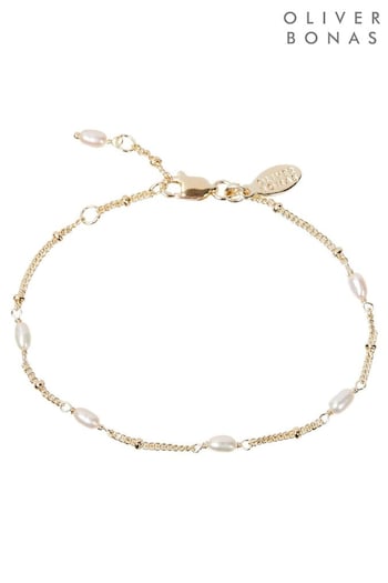 Oliver Bonas Mila White Pearl Detail Gold Plated Brass Chain Bracelet (U32454) | £40