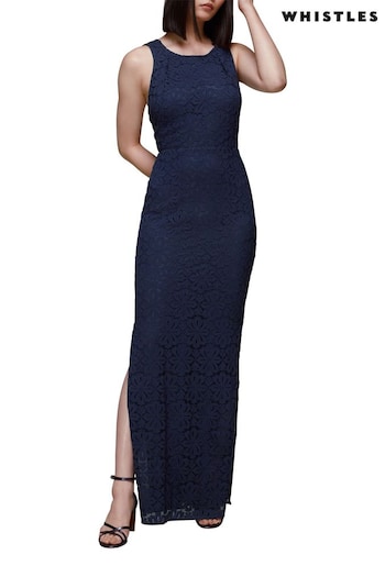 Whistles Blue Lace Tie Back Maxi Dress (U36017) | £199