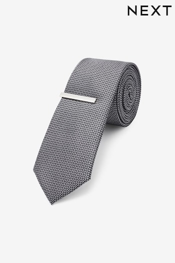 Charcoal Grey Slim Textured Tie And Clip Set (U36802) | £14