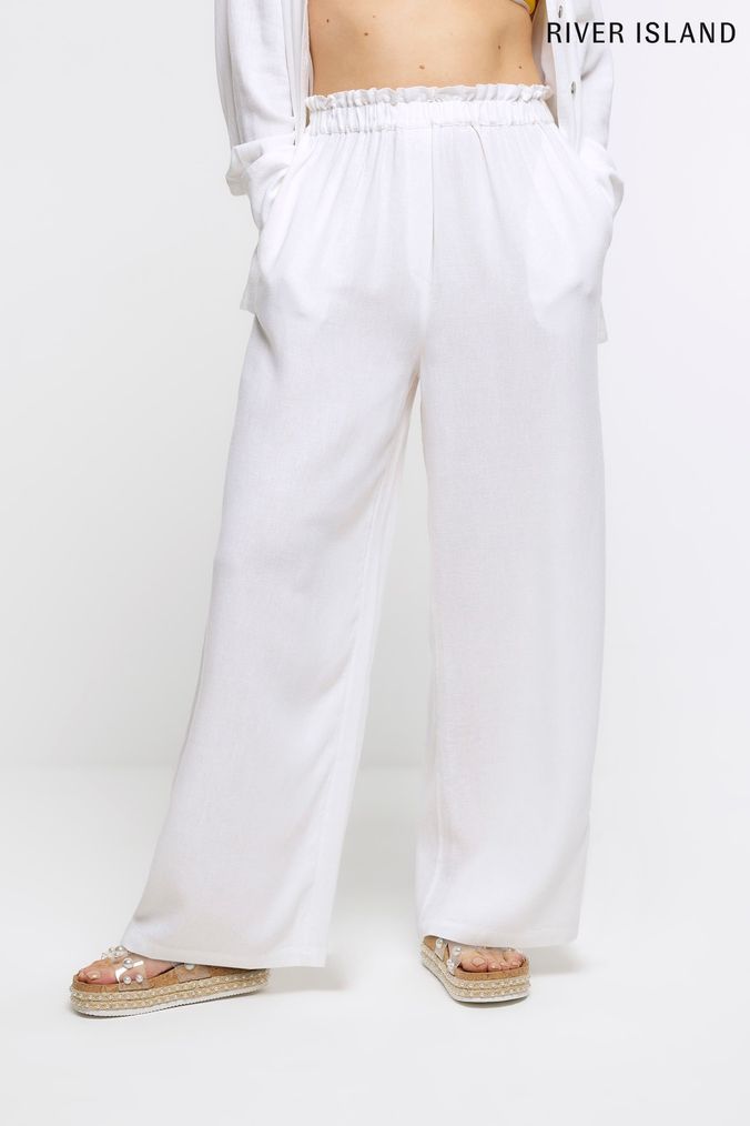 Bershka straight leg linen trouser in off white | ASOS