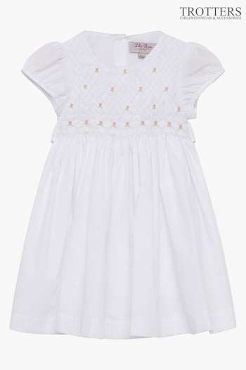 Trotters London Little Willow White Rose Hand Smocked Dress (U39347) | £78