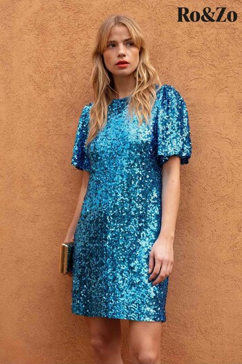 Ro&Zo Blue Flutter Sleeve Sequin Dress (U40101) | £109