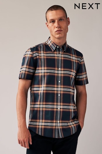 Navy Blue Stretch Oxford Check Short Sleeve Shirt (U40389) | £28