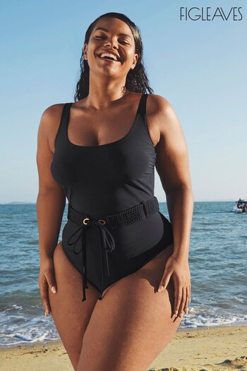 Figleaves Black Icon Maui Scoop Neck Belted Swimsuit (U40781) | £70