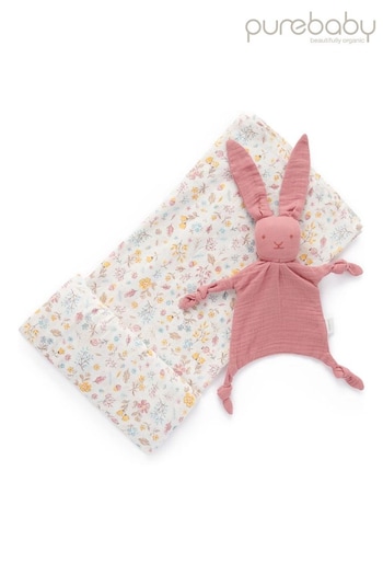 Purebaby Pink Bunny Posy Muslin Comforter & Wrap Set (U41026) | £28