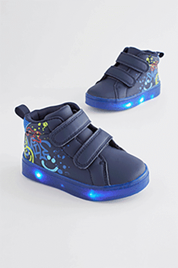 Navy Blue Graffiti Touch Fastening Light Up Hi Top Premium Boots (U43030) | £25 - £28