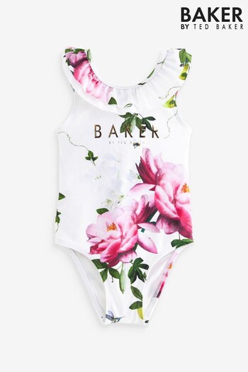 Baker by Ted Baker Floral Frilled White Swimsuit (U43973) | £26 - £29