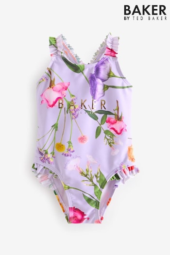 Baker by Ted Baker Purple Floral Frilled Swimsuit (U43977) | £26 - £28