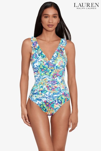 Lauren Ralph Lauren Blue Paisley Print Ruffle Front Swimsuit (U44370) | £179