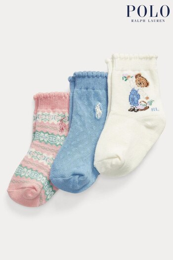 Polo Ralph Lauren Baby Ivory and Pink Bear Cotton Logo Socks 3 Pack (U44562) | £12