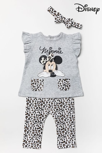 Disney Grey Minnie Mouse Leopard Top, Leggings And Headband Set (U45331) | £18