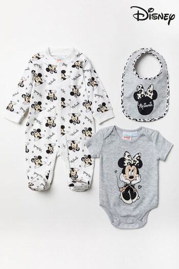 Disney Grey Minnie Mouse Leopard Sleepsuit, Bodysuit And Bib Set (U45343) | £20