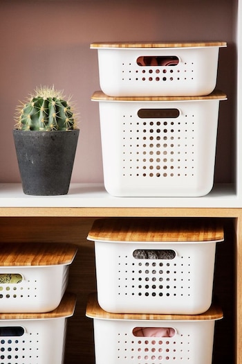 Orthex Set of 4 White 10L White Recycled Baskets With Bamboo Lids (U46429) | £56