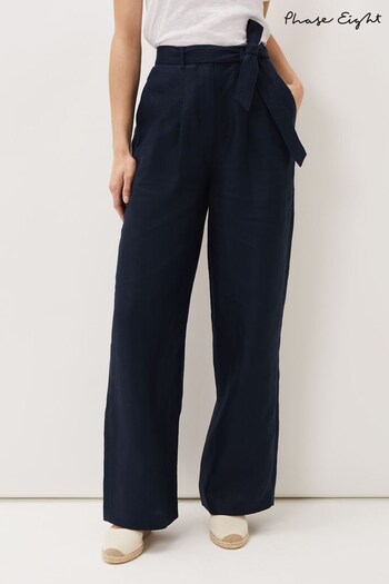 Phase Eight Blue Aaliyah Linen Belted Wide Leg Trousers (U48741) | £89