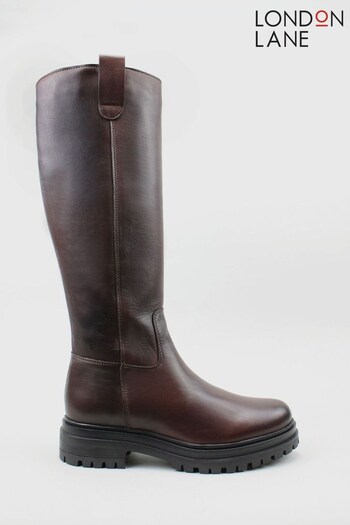London Lane Brown Style Leyton Leather Tall Riding Boots (U50649) | £130