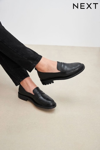 Black Forever Comfort® Leather Brogue Detail Chunky Loafer Shoes (U52279) | £45