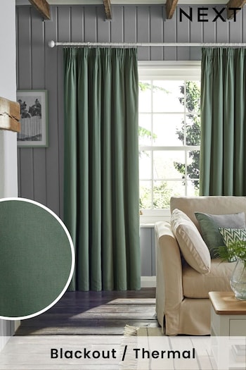 Sage Green Cotton Blackout/Thermal Pencil Pleat Curtains (U53174) | £40 - £105
