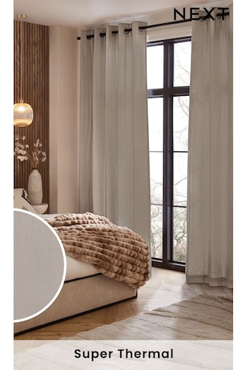 Dark Natural Cotton Eyelet Super Thermal Curtains (U53175) | £40 - £105