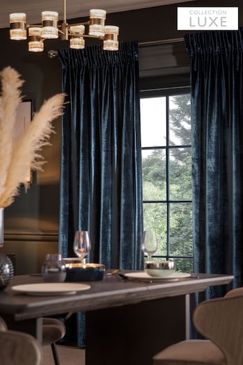 Navy Blue Collection Luxe Heavyweight Plush Velvet Pencil Pleat Lined Curtains (U53178) | £100 - £225