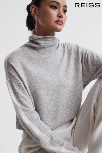 Reiss Grey/White Alexis Cashmere Wool Funnel Neck Jumper (U54592) | £118