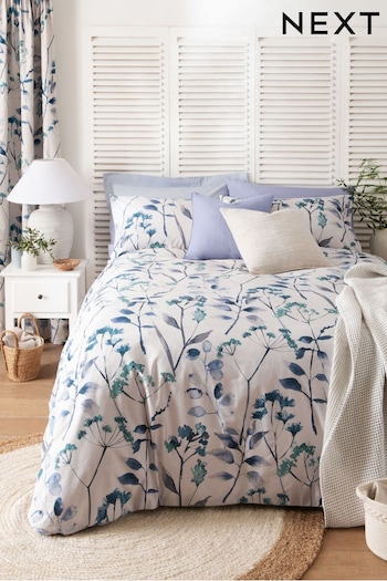 Blue Isla Floral 100% Cotton Duvet Cover and Pillowcase Set (U55370) | £25 - £55