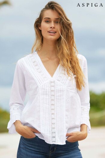 Aspiga Valentina White Embroidered Organic Cotton Shirt (U55657) | £75