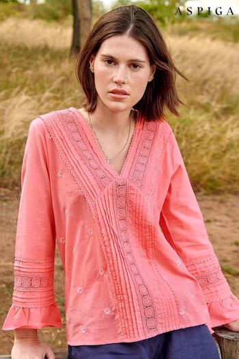 Aspiga Valentina Pink Embroidered Organic Cotton Blouse (U55658) | £85