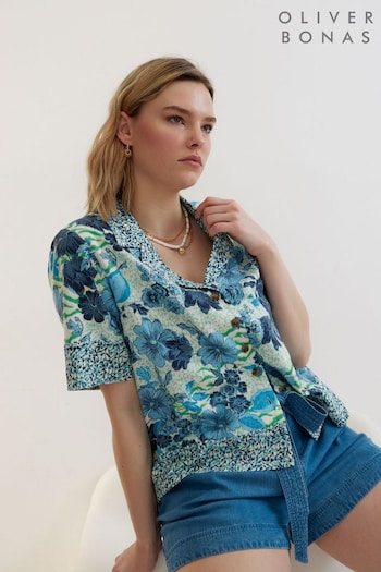 Oliver Bonas Contrast Collar & Floral Print Short Sleeve Shirt (U56561) | £55