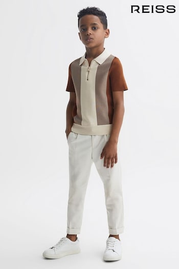 Reiss Tobacco/Ecru Milton Junior Half-Zip Striped Polo Stratus T-Shirt (U56691) | £38