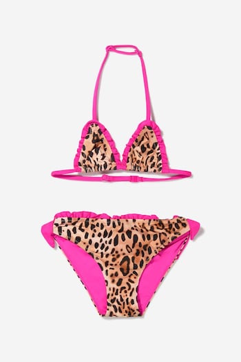 Girls Leopard Triangle Bikini With Ruffles in Beige (U57989) | £33