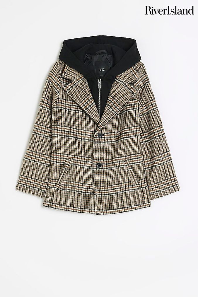 River Island Cream Boys Check Wool Hooded Hybrid Coat (U59608) | £49
